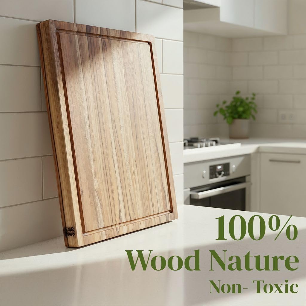 Teak Wood Cutting Board 18" x 14" x 0.6", 2-Piece Set for Kitchen Meat & Food Prep - Large Thin Edge Grain, Deep Juice Groove, Lightweight Solid Hardwood, Non-Toxic, BPA Free by New M Way