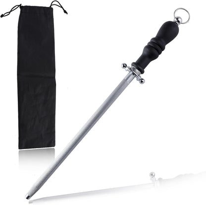 Professional Knife Sharpener Rod, 15 Inch Honing Steel, Kitchen Knife Sharpening Steel, Carbon Steel Sharpening Rod with Ergonomic Handle, Honing Rod for Chef Knive, Kitchen Gift for Butcher