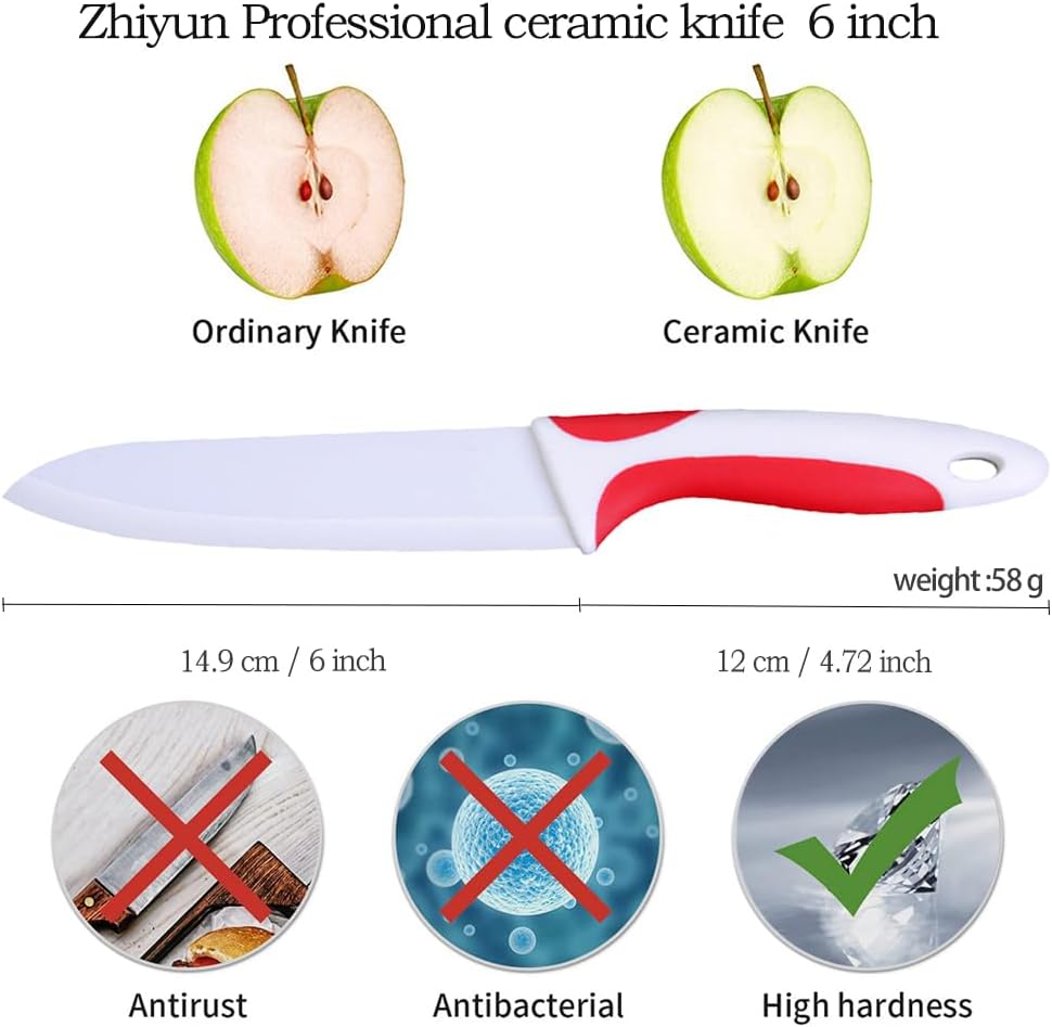 Zhiyun Professional Ceramic Kitchen Knife 6 Inch, Kitchen knife, 6” Chef knife with Sheaths Covers, Sharp Blade and Ergonomic Handle, Suitable for Chopping Meat Vegetables Fruit and bread.(Red)