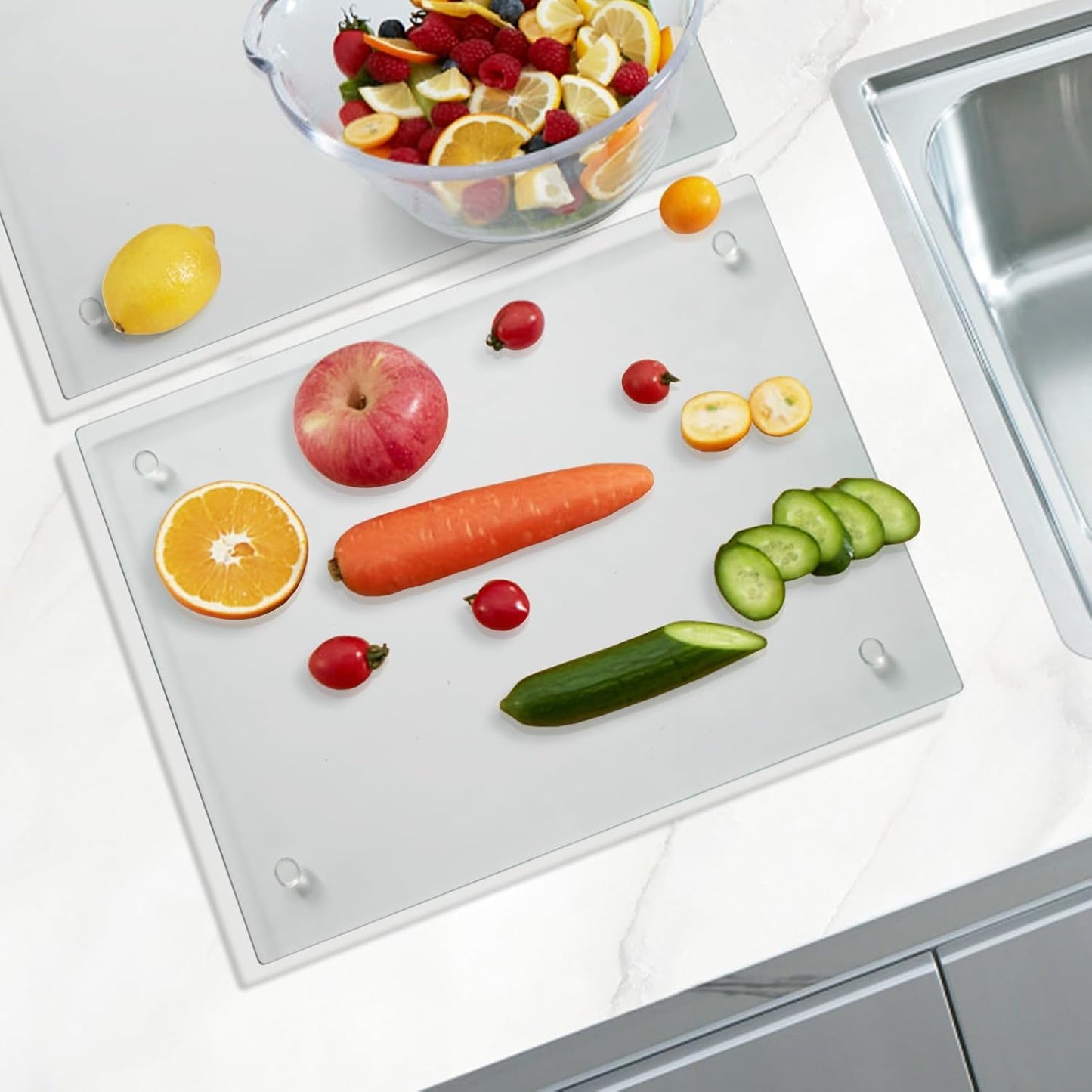 Mymonfif Tempered Glass Cutting Board for Kitchen, Clear Glass Board for Countertop, Heat Resistant, with Non-Slip Feet, 12x16" & 12x8" 2 Pcs Clear