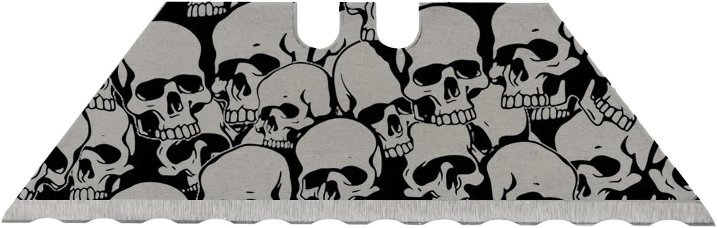 NDZ Performance Serrated Steel Blade Replacement for Utility Knife & Box Cutters, Custom Double Sided Laser Engraved Designs, Silver - Skull - 3 Pack