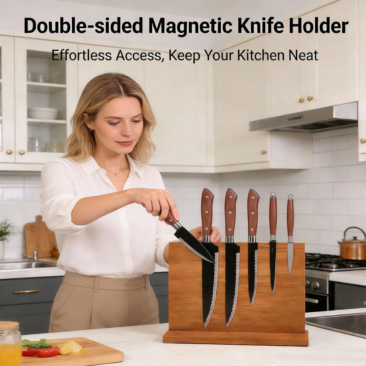 Bamboo magnetic knife holder - Double-Sided magnetic knife block with Strong Magnets, Space-Saving knife magnetic strip for Kitchen Countertop, Multipurpose knife organizer
