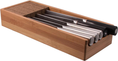 KNIFEdock Bamboo Knife Organizer for Kitchen Drawers – 15” In-Drawer Knife Block with Cork Composite – Space-Saving, Safe Storage for Your Knives