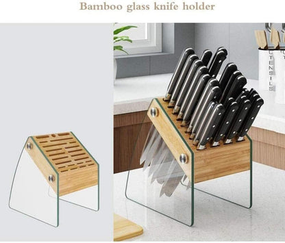 Knife Block Wood Tempered Glass 23 Slot Kitchen Knife Holder Desktop & Easy Storage Empty Knife Block Storage Organiser Without Knives