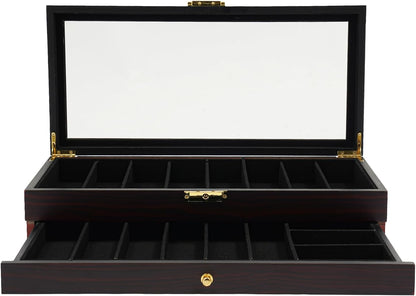 Single Tier Pocket Knife Display Case 8 Slot Lockable Knife Storage Box Knife Collection Display Holder with Transparent Glass Top & Drawer for Utility Knife, Camping Knife (Ebony Color)
