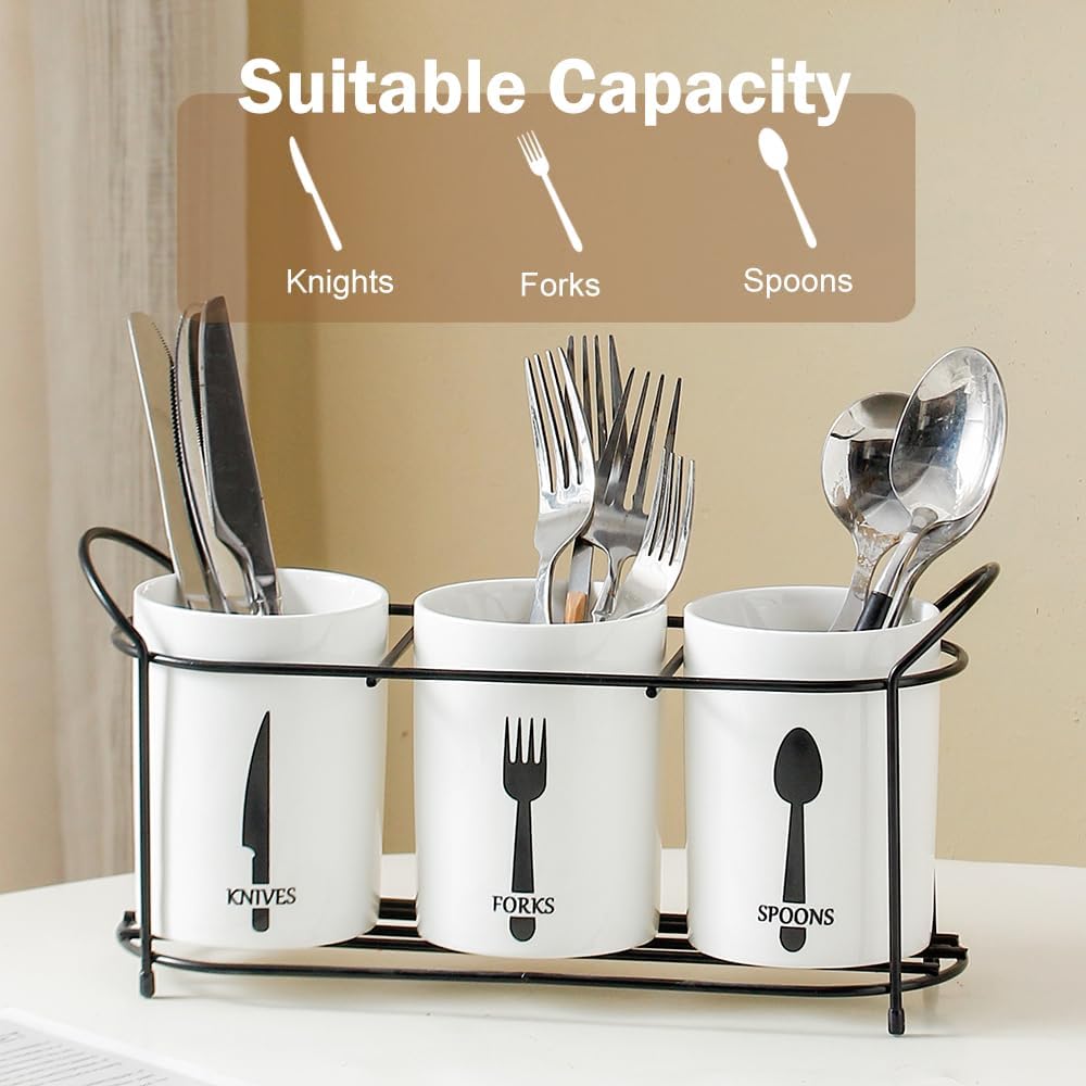 3-Piece White Ceramic Silverware Cutlery Holder with Black Metal Rack, Utensil Holder Flatware Caddy Cutlery Storage Organizer for Kitchen and Countertop (White)