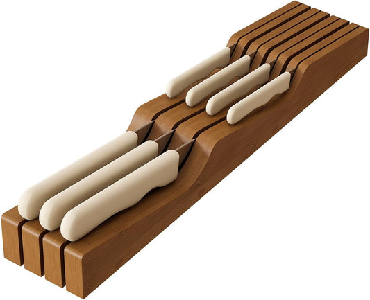 In-Drawer Knife Block Organizer - Bamboo Wood Drawer Knife Organizer-Protecting Knife Organizer Block (Not Included) (Natural, 7 Knives Dock)