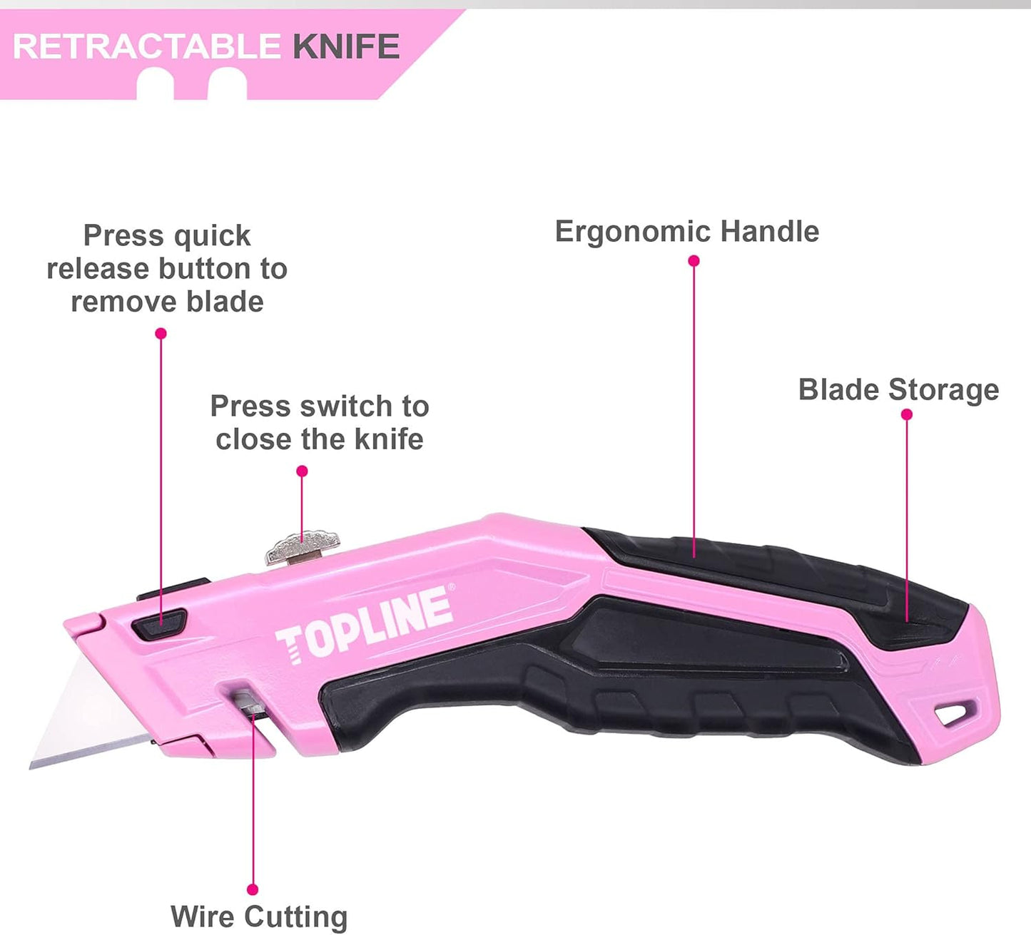 TOPLINE Retractable Pink Utility Knife, Retractable Pink Box Cutter, Blade Storage Design, 18-Piece SK5 Blades and a Dispenser Included