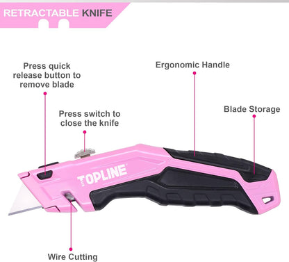 TOPLINE Retractable Pink Utility Knife, Retractable Pink Box Cutter, Blade Storage Design, 18-Piece SK5 Blades and a Dispenser Included