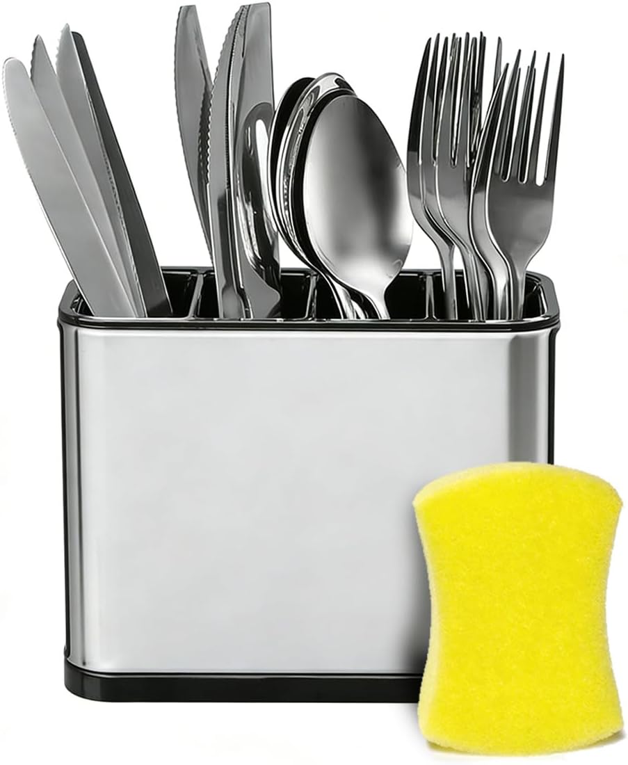 Stainless Steel Utensil Holder, 4 Compartment Kitchen Caddy with Drainage Holes and Non-Slip Base, Countertop Silverware Organizer for Spoons, Forks and Knives, Dishwasher Safe