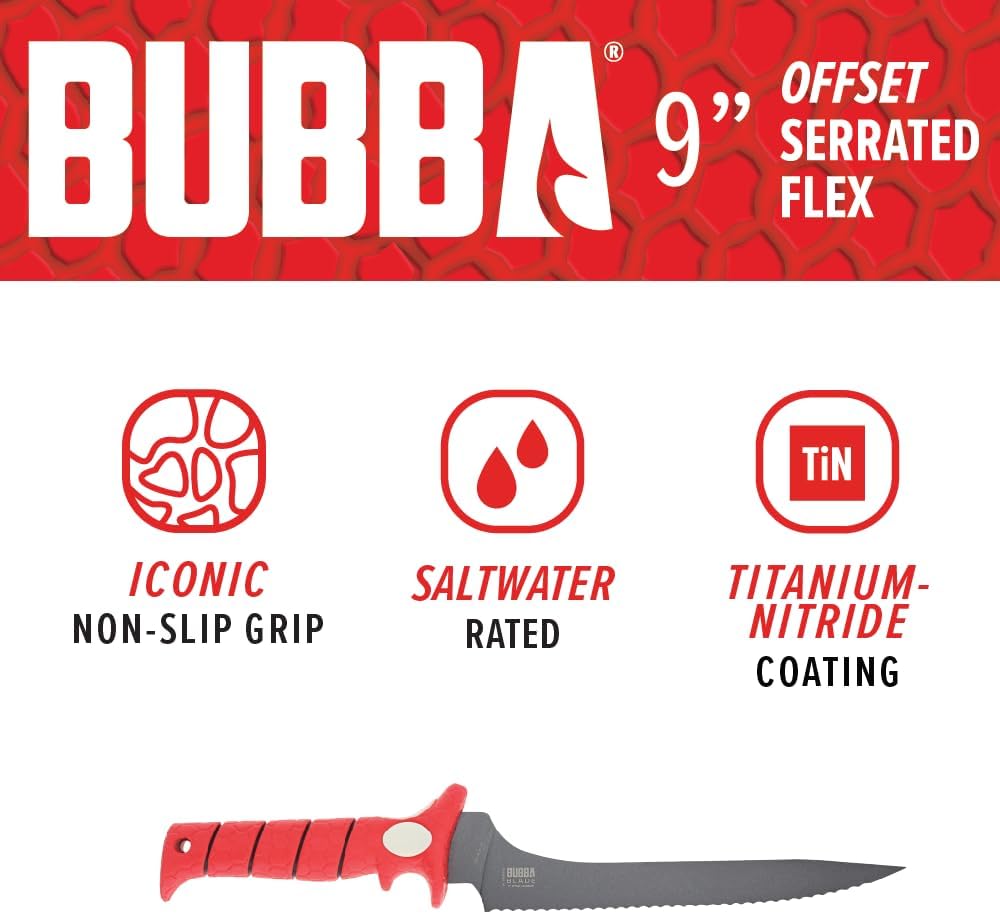 Bubba Offset Serrated Flex Fixed Fillet Knife with Non-Slip Grip, Stainless Steel, 9", For Fishing, Outdoors