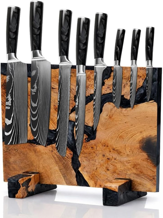 Magnetic Knife Block, Double Sided Knife Holder, Burl Maple Wood and Blue Resin, Holds 20 Knives, Non Slip Base (Blue)