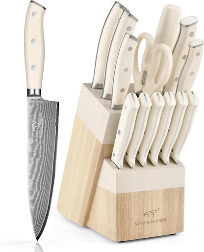 18 Pieces Damascus Kitchen Knife Set, 8 Piece Steak Knives, Non-slip ABS Ergonomic Triple Rivet Handle for Meat Fork, Knife Sharpener and Shears, 17 Slots Fraxinus Manchuria Knife Block (Grey)