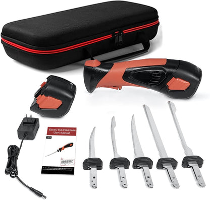 Cordless Electric Fillet Knife - 5 Ti-Nitride Coated Non-Stick Blades, Ergonomic Non-Slip Grip Handle & Cooling Vent Stylish with Carry Bag,Perfect Electric Knife for Effortless Fishing (Red)