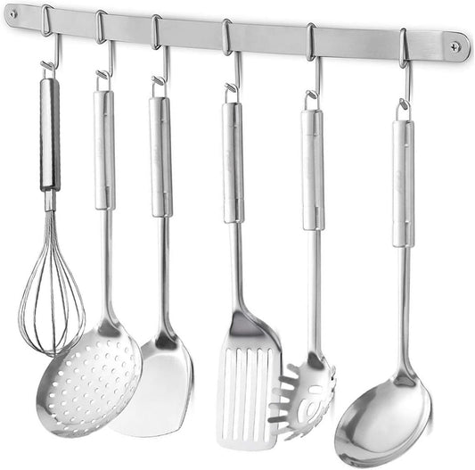 Stainless Steel Kitchen Utensil Racks Holder Hanging Rail Organize Pots Pans Kitchen Knife Gadgets On Wall Mounted Hanger Bar Rail Under Cabinet Shelf (6 Hook,17") Pack of 2