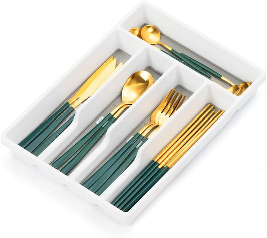 Cutesun Silverware Organizer for Drawer, Desktop Plastic Kitchen Storage, Cutlery Storage for Kitchen Drawer, Flatware and Utensil Holder Divider for Spoons Forks Knives Tableware, 5 Compartment, Gray