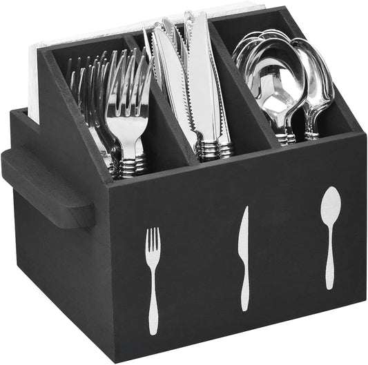 Ikee Design Wooden Utensil Caddy with Handles, Silverware Caddy, Silverware Holder for Countertop,Party,Camping and Kitchen, Organizer, Picnic Cutlery Holders, Black Color