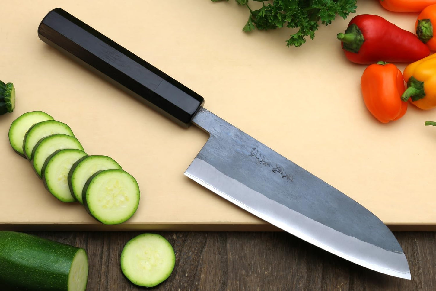 Yoshihiro Kurouchi Black-Forged Blue Steel Stainless Clad Santoku Chefs Knife and Petty Utility Knife 2pc Set Ebony Handle (Santoku 165mm / Petty 135mm & Saya Cover)