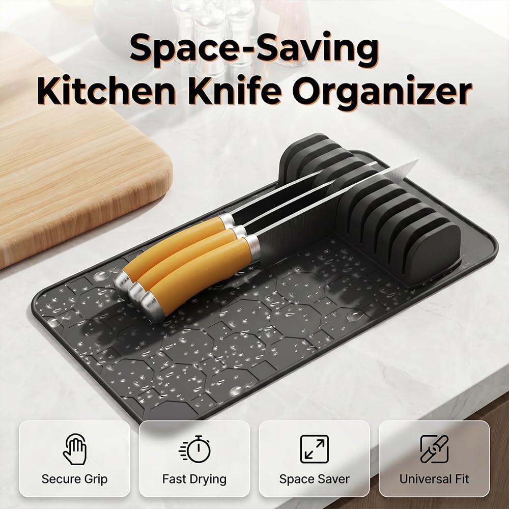 Silicone Knife Drawer Organizer, 2026 Upgraded Knife Organizer Drawer Insert for Kitchen, Non-Slip In Drawer Knife Holder for 8-10 Slots, Dishwasher Safe (Grey)
