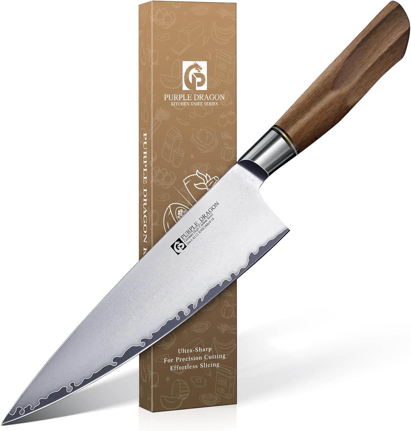 Purple Dragon Santoku Knife 7 Inch Japanese Chef Knife for Chopping Meat Cutting Vegetables, German Vg10 Steel Blade, Ergonomic Wooden Handle Christmas Gift for Men and Women