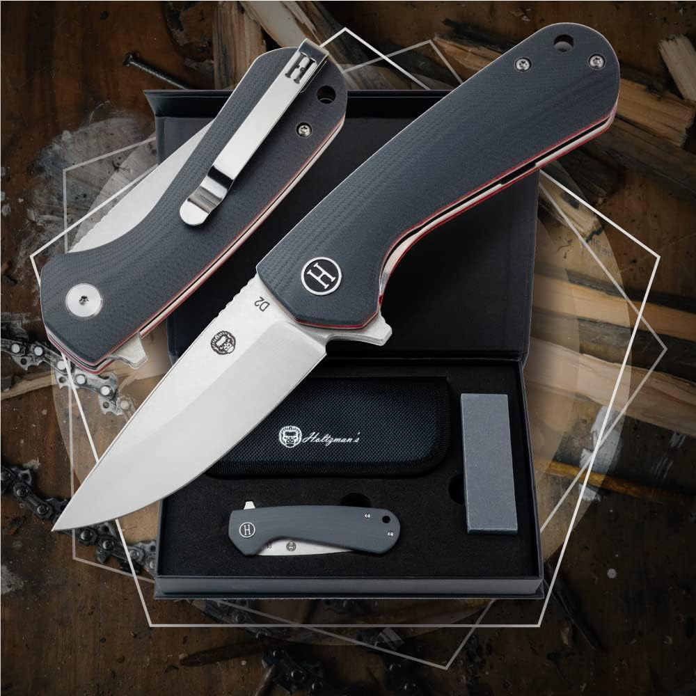 Holtzman's Gorilla Survival Peasant Folding Knife with G10 Tactical Handle, D2 Steel Blade, Gift Box Set (Black+Blue) - Great for Everyday Carry