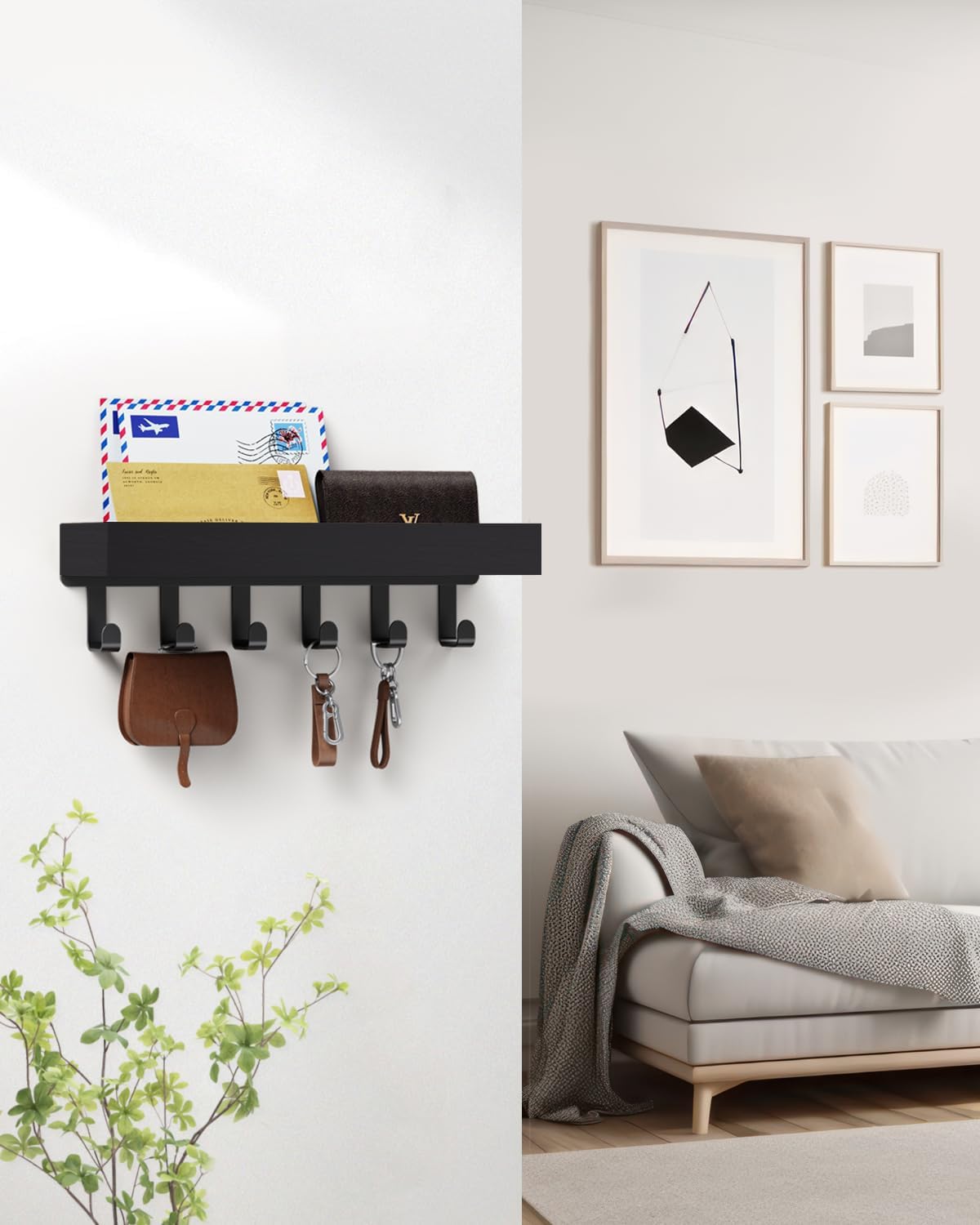 Key Holder Wall Mount Adhesive Magnetic - Hanging Key Hooks with Mail Organizer Tray for Wallet House - Keys Hanger Rack with Shelf for Camper Entryway Door Home Living Room Decor Large Black