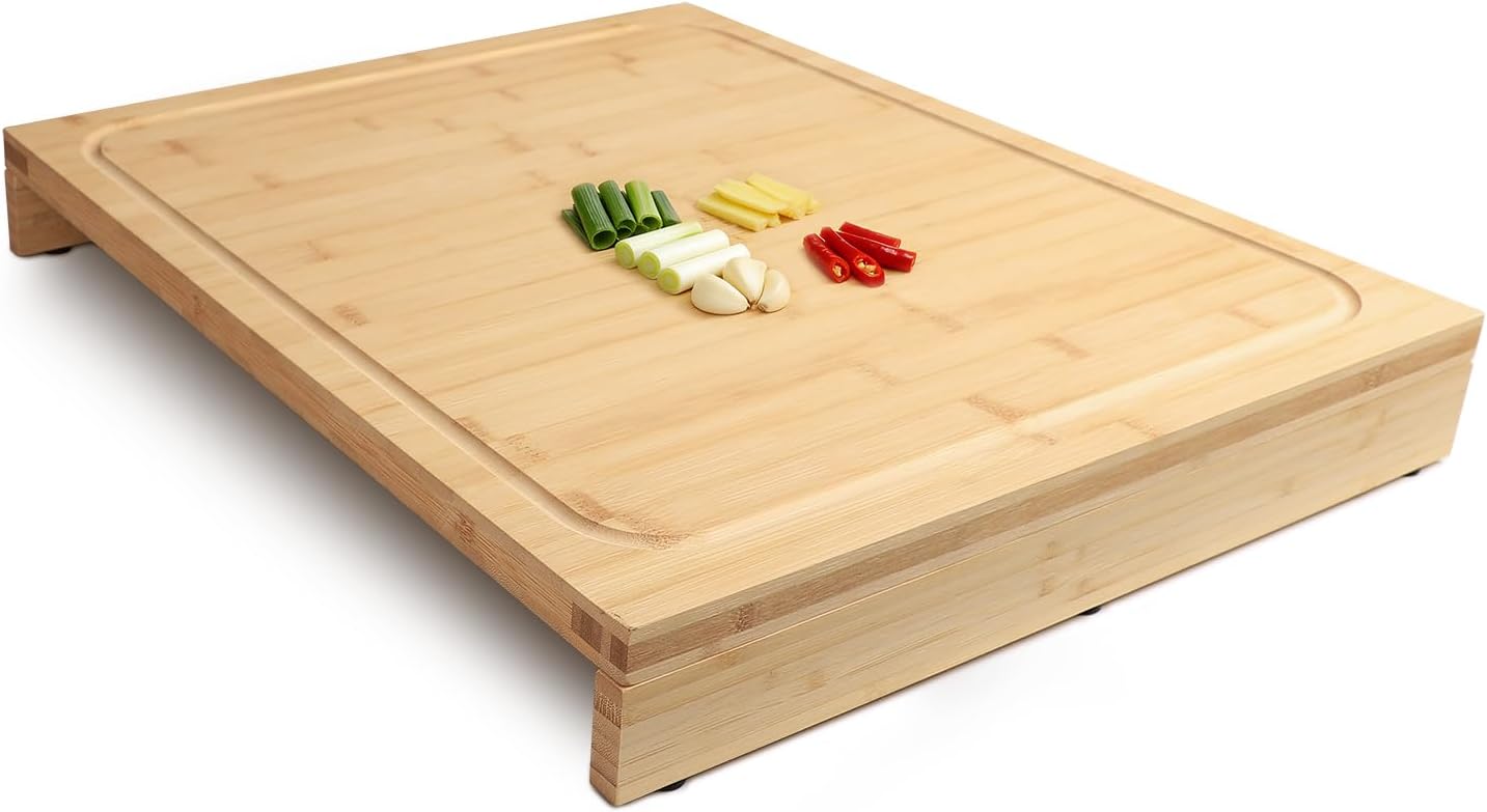 BAMOTTO CRAFTBAMBOO 18.1x21.3 Inch Large Bamboo Cutting Board with 2 Detachable Support Panels, Reversible, Kitchen Countertop Dishwasher Cover & Over Sink, Tray and Carving Board