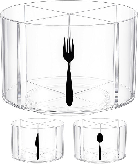 360° Rotating Acrylic Utensil Caddy, 4 Compartment Plastic Silverware Cutlery Holder Countertop Flatware Storage Organizer for Kitchen Office Desk Picnic Camping Party