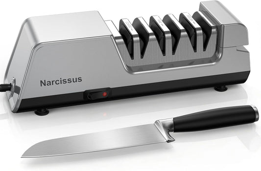 Narcissus Knife Sharpener, 3 Stages Diamond Electric Knife Sharpener for Stainless Steel and Ceramic Kitchen Knives, 40 Seconds Quick Repairing & Polishing, Open Design Port for Scissors Sharpening