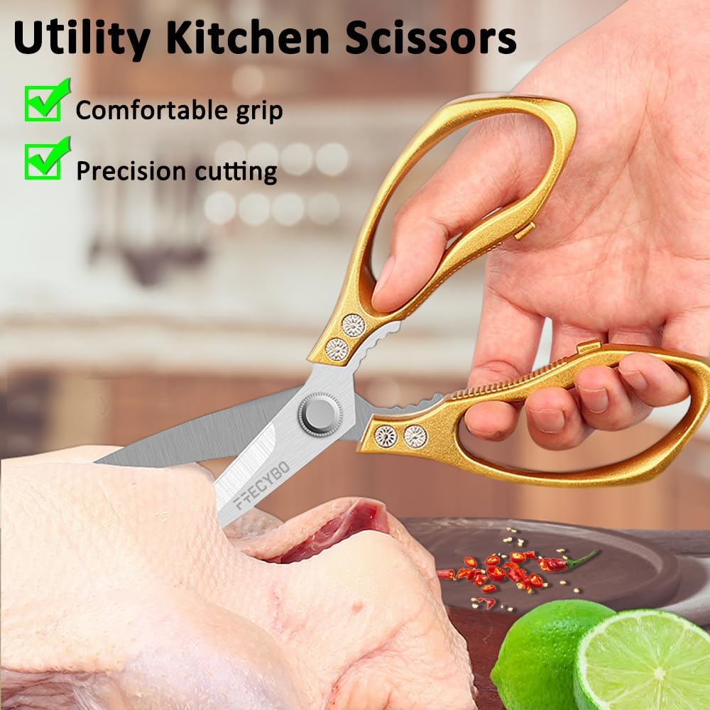 Heavy Duty Food Shears, Multi-Purpose Kitchen Scissors with Sharp Blades, 2-Pack Stainless Steel Food Shears for Kitchen, Poultry, Meat, Fish,Bone (Black)