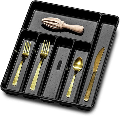 madesmart Premium Silverware Tray, 6 Compartment Flatware Organizer for Forks, Knives & Spoons, Non Slip, Soft Grip Lining, Durable Drawer Organizer, Black