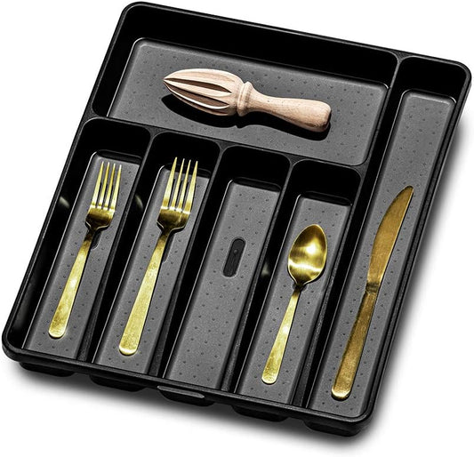 madesmart Premium Silverware Tray, 6 Compartment Flatware Organizer for Forks, Knives & Spoons, Non Slip, Soft Grip Lining, Durable Drawer Organizer, Black