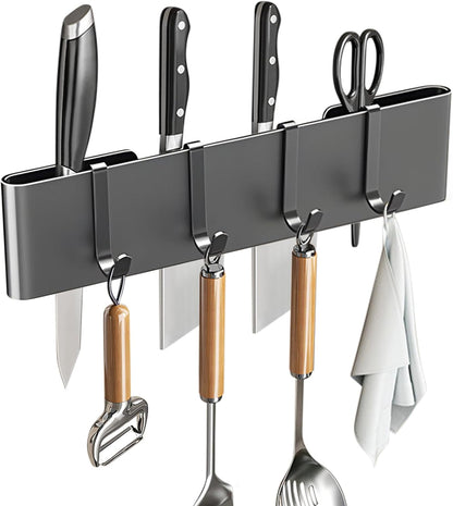 Knife Holder for Wall Mount-Knife Strips with Hooks Stainless Steel Wall Knife Rack-Knife Block-Knife Rack-Utensil Hanger-Kitchen Utensil Holder (Black, 50 CM+9 Hooks)