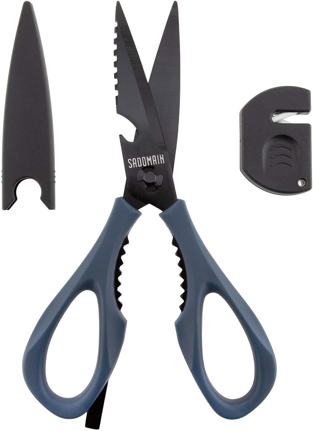 Kitchen Scissors All Purpose, Extra Sharp Kitchen Shears with Knife Sharpener & Sheath, Solid & Durable Stainless Steel Scissors with ANTI-RUST Black Titanium Plated, Dishwasher Safe - Black