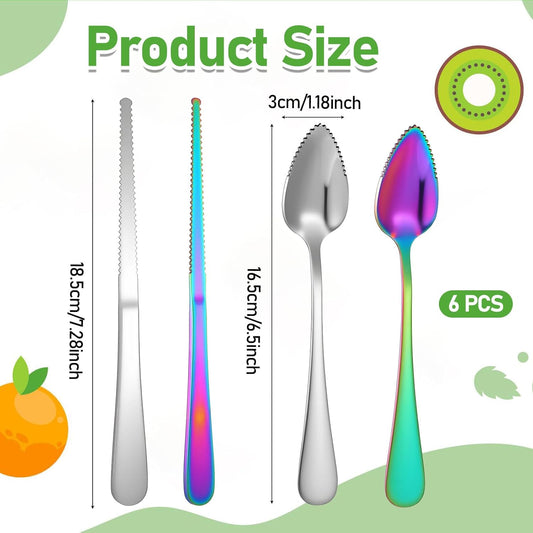 6Pcs Grapefruit Spoons with Serrated Edge, Grapefruit Spoons and Knife Set Stainless Steel Utensils with Thick Gauge Handle for Citrus Lemon Kiwi Salads Melon Lime Pitaya Fruit Puree, Silver and Color