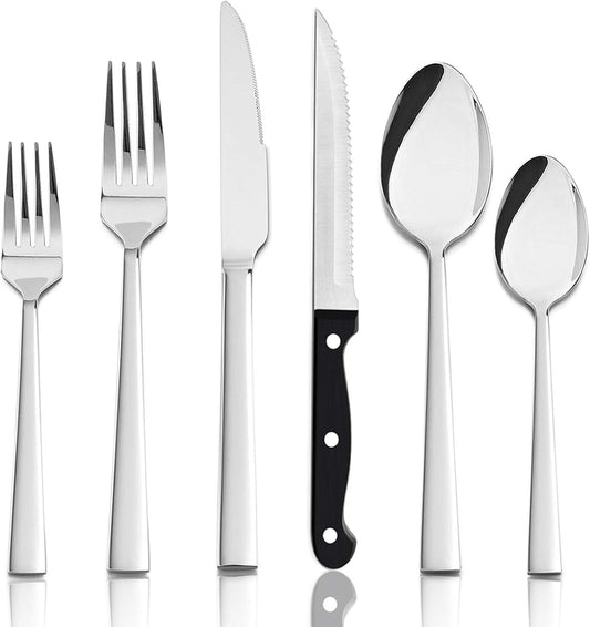 77-Piece Silverware Set with Steak Knives, Solid Stainless Steel Flatware Utensils, Modern Elegant Cutlery Tableware Set, Attach Serving Set, Mirror Polished, Dishwasher Safe-Service for 12