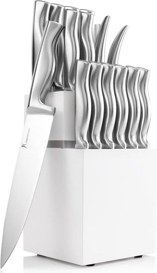 Kangdelun 15-Piece Ultra Sharp Kitchen Knife Set with Wooden Block, Ergonomic Anti-Slip Handle, High-Carbon 50CR15MOV Steel, Upright Design, Shiny Silver