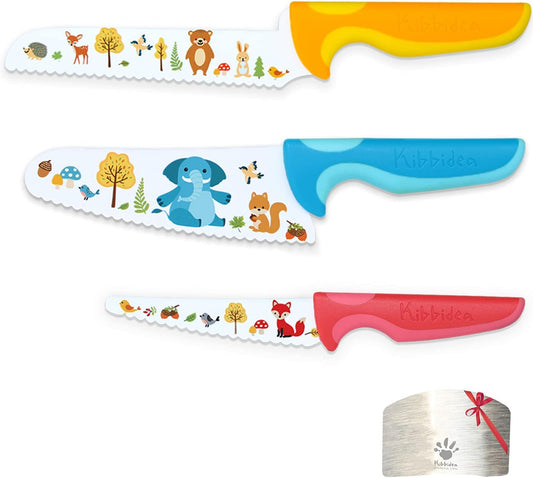 Kibbidea Kids Knife Set for Real Cooking, 4pcs Kids Safe Kitchen Cutting Knives, Stainless Steel Blades, Children First Starter knife, BPA-free (Multicolor)