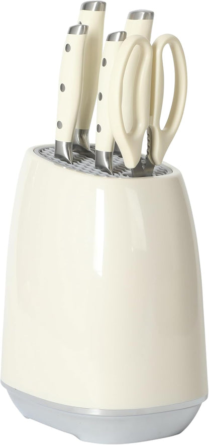 Oster Deaton Knife Block Set with Stainless Steel Knives & Kitchen Shears, 6-Piece Kitchen Cutlery Set with White Handles and Countertop Storage Block