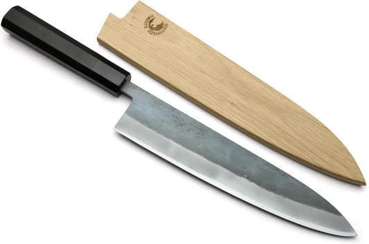 Yoshihiro Kurouchi Black-Forged Blue Steel Stainless Clad Gyuto Chefs Knife Ebony Handle (9.5'' (240mm) & Saya)