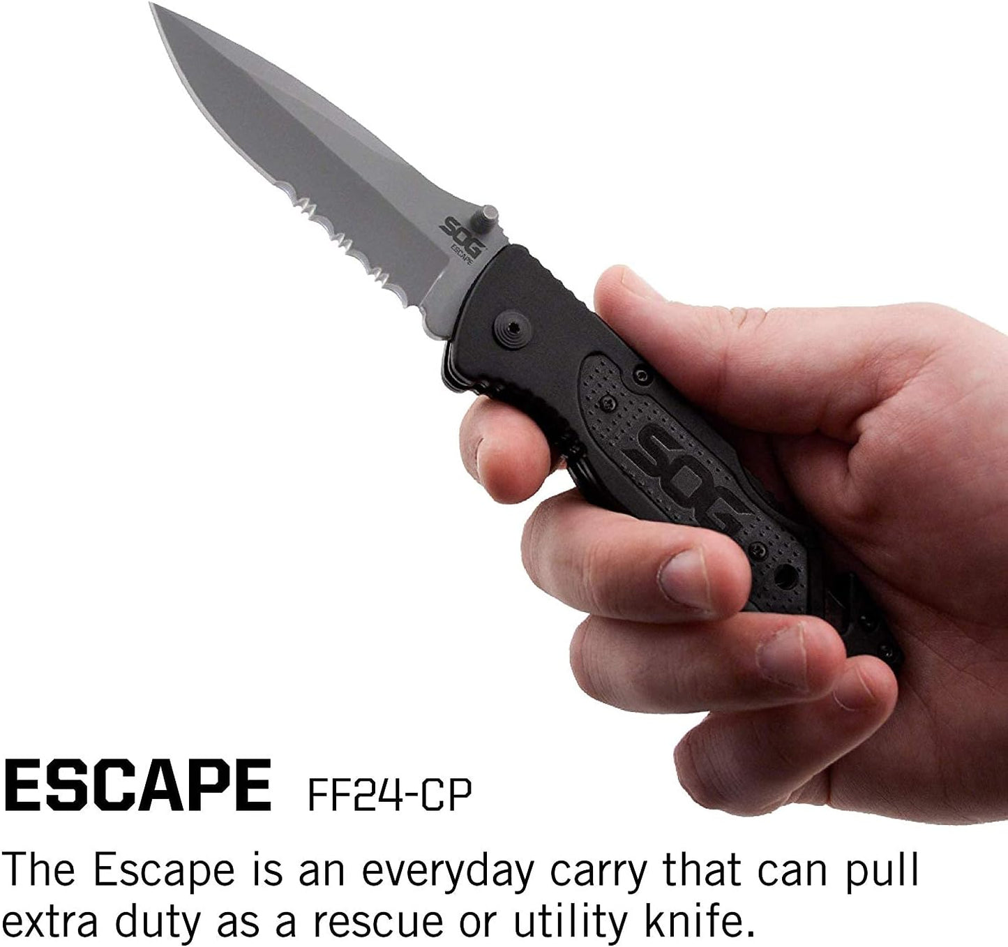 SOG Escape Tactical Folding Knife- 3.4 Inch Serrated Edge Blade Emergency Pocket Knife with Glass Breaker, Wire Stripper and Line Cutter Blades-Black (FF25-CP)