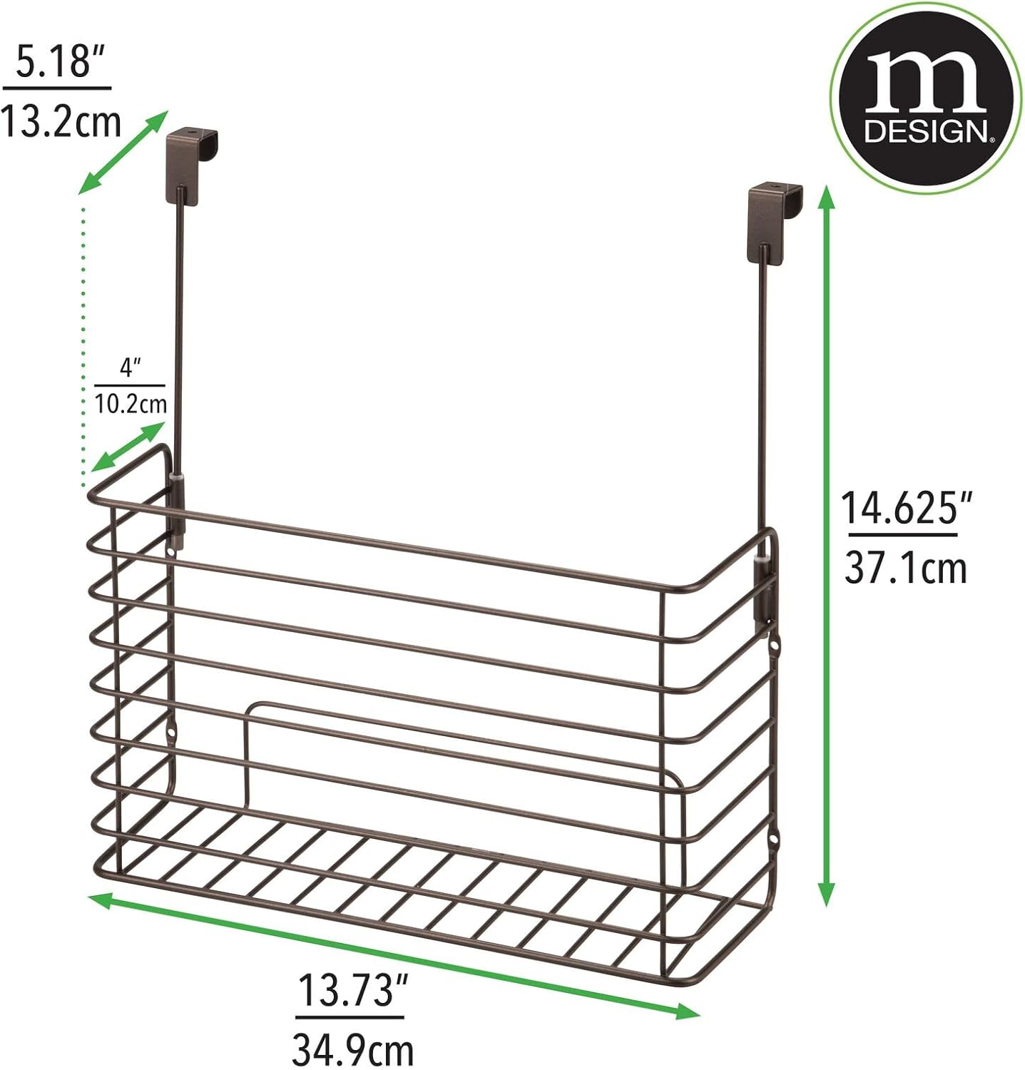 mDesign Over The Cupboard Hanging Storage Basket – Metal Bakeware Organiser and Cutting Board Holder – Excellent Kitchen Storage Solution – Bronze