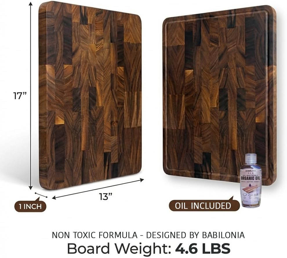 Babilonia Walnut Cutting Board - 17" x 13" x 1" Professional and Heavy Duty Non Toxic Wood Chopping Board, Wooden Charcuterie Boards & Butcher Block with Handles (Oil Bottle Included)