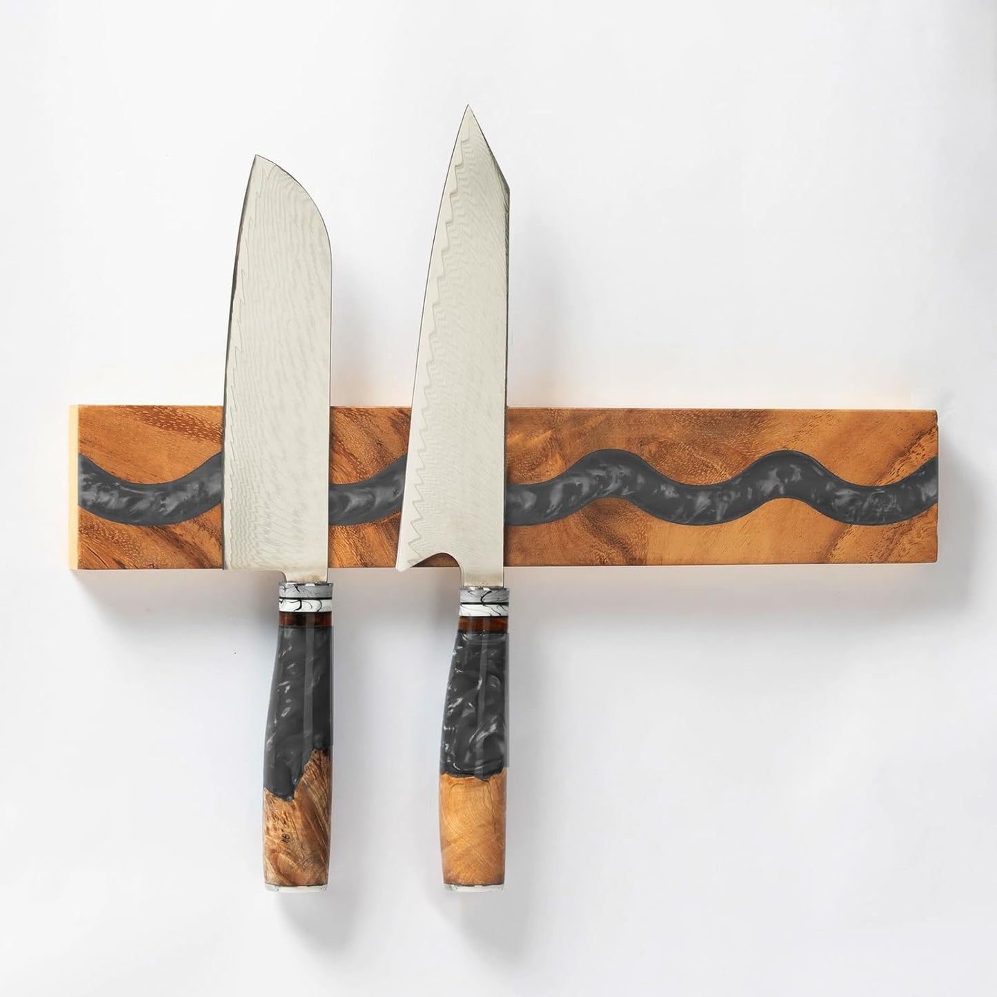 Magnetic Knife Holder, 15.7 Inch Walnut Wood and Resin Magnetic Knife Bar for Wall, Heavy Duty Magnet Holds 8 Knives, Handcrafted Ocean Blue (Ocean's Embrace)