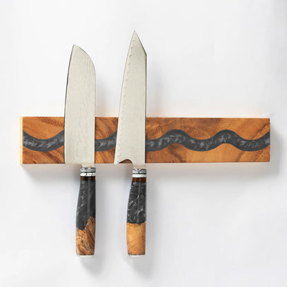 Magnetic Knife Holder, 15.7 Inch Walnut Wood and Resin Magnetic Knife Bar for Wall, Heavy Duty Magnet Holds 8 Knives, Handcrafted Ocean Blue (Ocean's Embrace)