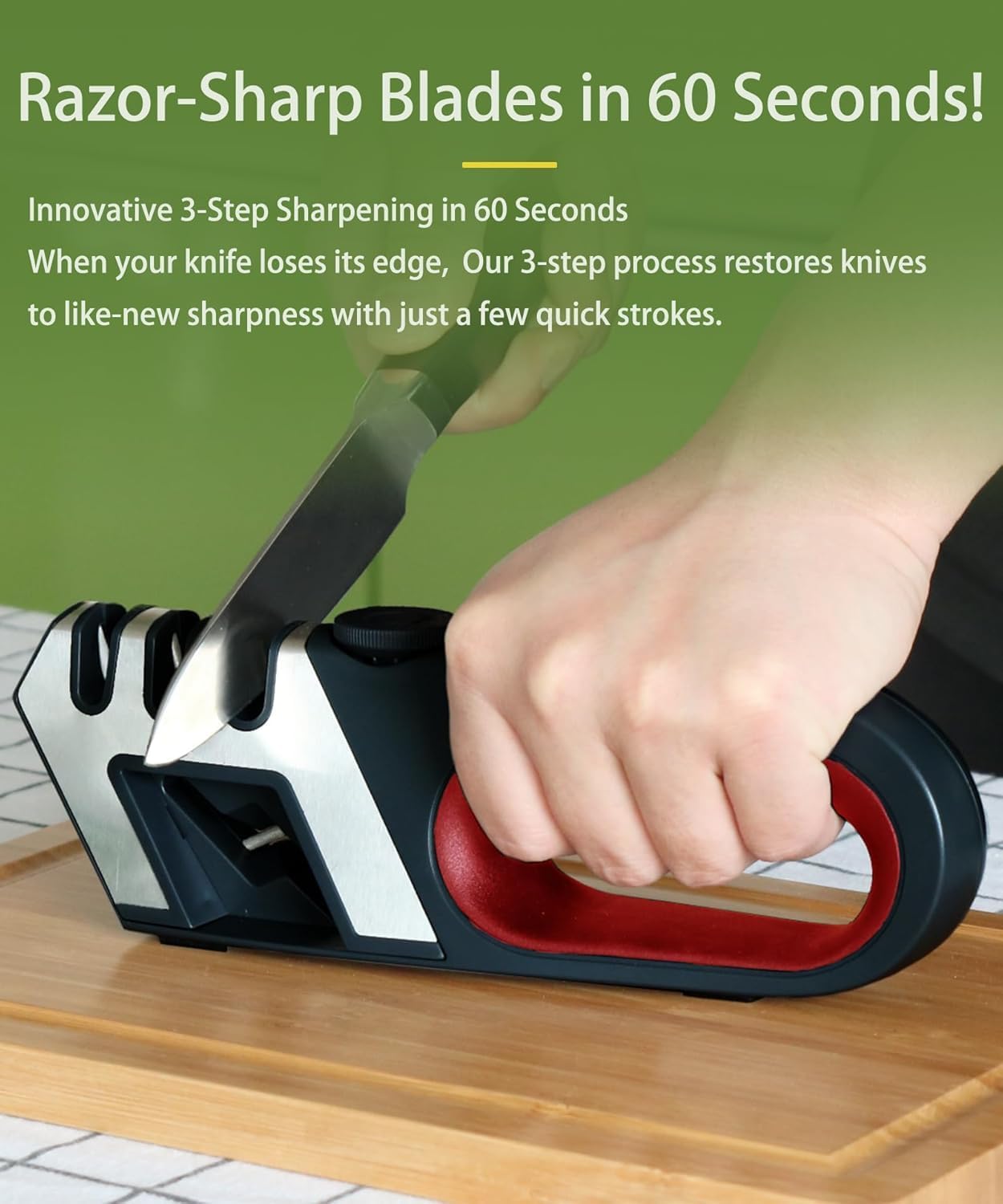 Hand held Knife Sharpener for Kitchen Knives - Scissor sharpener Tool - Adjustable Custom Sharpening System for All Blades, Ergonomic Handle, Non-Slip Base - Afilador De Cuchillos