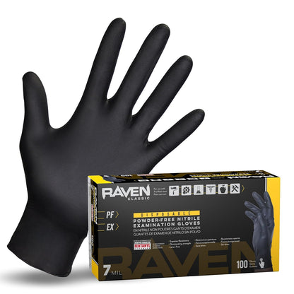 Raven Powder Free Nitrile Disposable Gloves 7 Mil - XL Latex Free, Chemical + Puncture Resistant, Textured Grip, Single Use for Automotive, Industrial, Janitorial, MRO, Food Service 66519