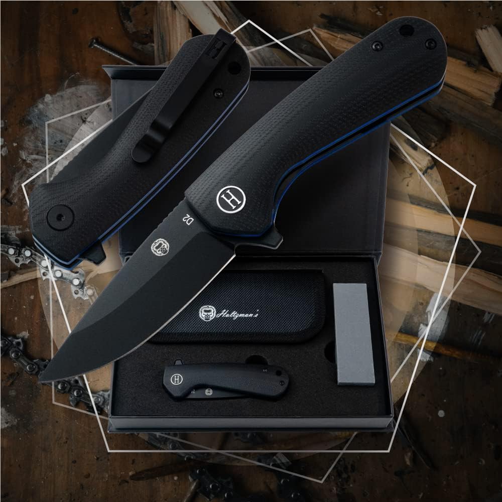 Holtzman's Gorilla Survival Peasant Folding Knife with G10 Tactical Handle, D2 Steel Blade, Gift Box Set (Black+Blue) - Great for Everyday Carry