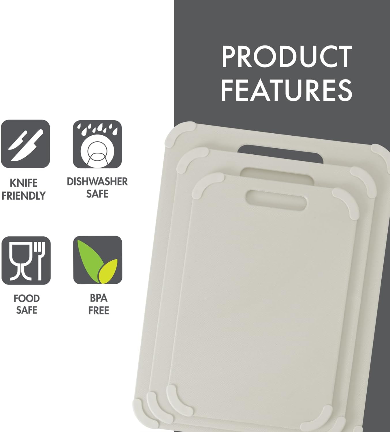 Dexas Fresh Prep 3-Pack Non-Slip Cutting Board Set – Dishwasher Safe Plastic Boards with Silicone Grip Corners & Handle, Sage (14.17" x 10.63", 12.6" x 9.06", 11.02" x 7.48")