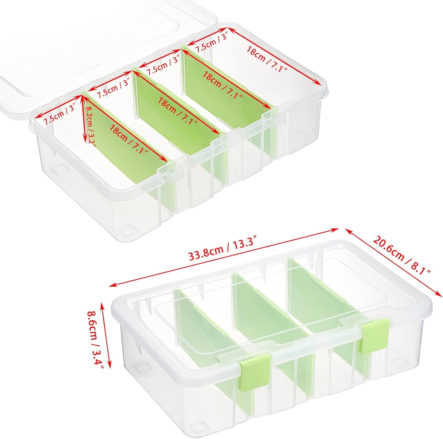 BTSKY Clear Plastic Dividing Storage Box with 4 Compartments Adjustable Storage Bin with Lid Plastic Craft Storage Container Multipurpose Sewing Box Art Supply Organizer, 13.3x8.1x3.4 Inches